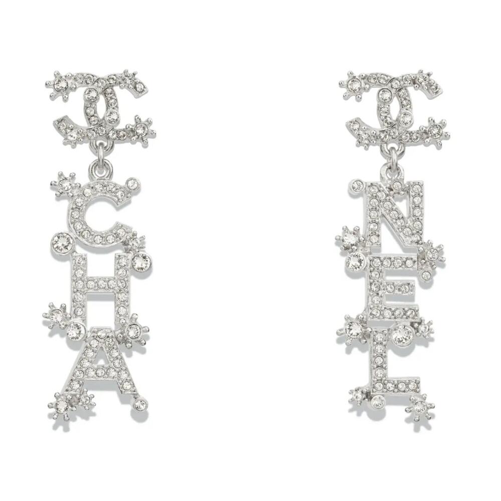 Chanel 23P Pendant Silver Crystal CC Logo Letter Dangle Drop Earrings